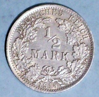 Germany Empire 1/2 Mark 1914 A Almost Uncirculated 0.  9000 Silver Coin photo