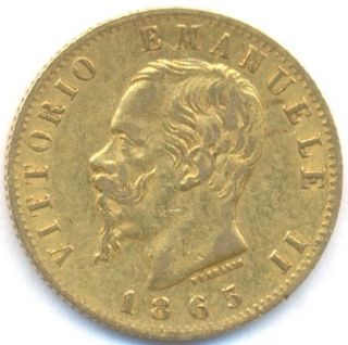 1865 - T Gold 20 Lire Italy,  Scarce,  6.  45 Grams photo