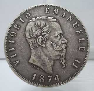 Italy 1874 - M Bn 5 Lire Large 90 Silver Coin Vf - Xf photo