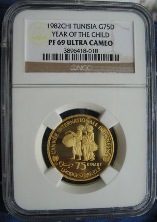 1982 Chi Tunisia Gold 75 Dinars Ngc Pf - 69 Ult.  Cameo Year Of The Child photo