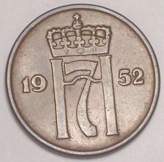 1952 Norway Norwegian 5 Ore Crowned Monogram Coin Vf photo