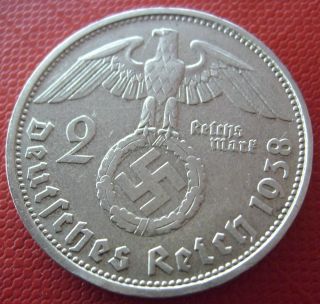 Xxx Rare 1938 D 2 Mark Silver German Coin Ww2 Big Wreath Bullion (pri28) 5 photo