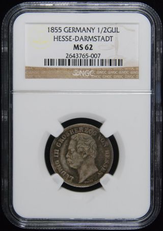 1855 Germany Silver 1/2 Gulden Hesse - Darmstadt Ngc Ms - 62 photo