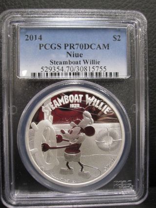 Low Pop 2014 Niue Disney Steamboat Willie Mickey Mouse 1 Oz Silver $2 Pcgs Pr70 photo