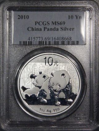 2010 1 T.  O.  999 Silver Chinese Panda 10 Yuan Coin Pcgs Ms 69 A2 photo