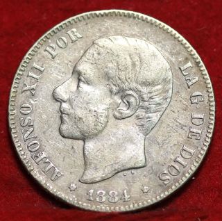 1884 Spain 2 Pesetas Silver Foreign Coin S/h photo