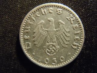1939 - F - German - Ww2 - 50 - Reichspfennig - Germany - Nazi Coin - Swastika - World - Ab - 1966 - Cent photo