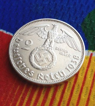 Wwii German 2 Mark Silver Coin 1938 E Third Reich Swastika Reichsmark 5 Star photo