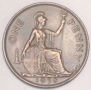 1938 Uk Great Britain British One Penny George Vi Wwii Era Coin Xf photo