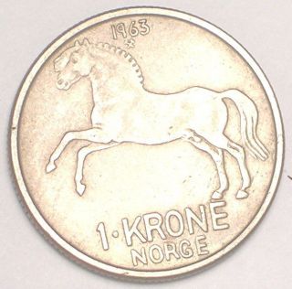 1963 Norway Norwegian 1 Krone Horse King Olav Coin Vf photo