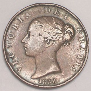 1838 Uk Great Britain British Half Penny Victoria Coin F Bent photo