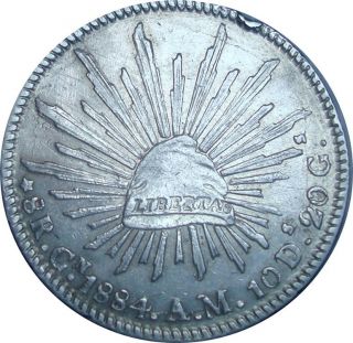 1884 Mexico Culiacan 8 Reales Cn.  A.  M.  - Rare Silver Coin In photo