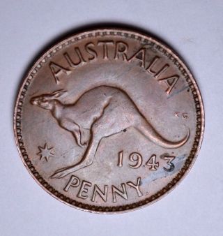 1943 Australia Penny,  Kangaroo Leaping Left,  Head Left On Reverse Side photo