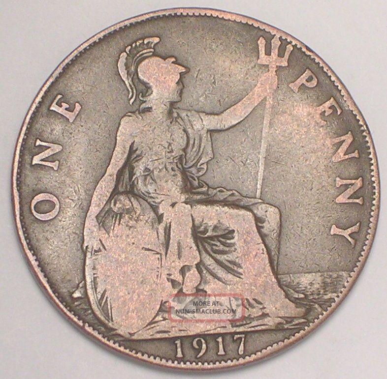 1917 Uk Great Britain British One Penny Wwi Era George V Coin F 1917-uk-great-britain-british-one-penny-wwi-era-george-v-coin-f