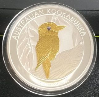 2014 1 Ounce Oz Gold Gilded Gemstone Eye Silver Coin.  999 Fine Perth Kookaburra photo