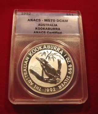 1992 Australia 1 Oz Silver $1 Kookaburra Anacs Ms70 Dcam Coin photo