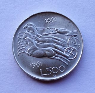 1961 Italy Italian Unification Centennial Silver Coin 500 Lire (italia) photo