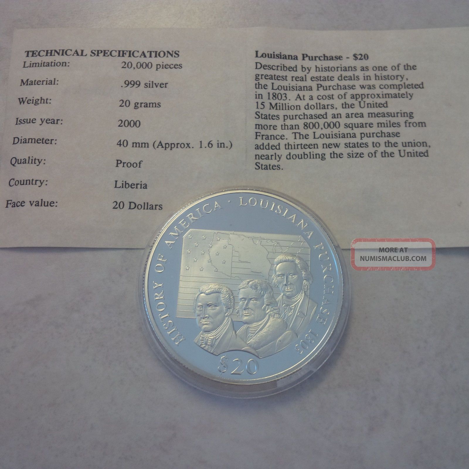 2000. 999 Silver Coin Louisiana Purchase 1803 Republic Of Liberia $20 Dollars Bu