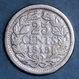 Netherlands 25 Cents 1919 Fine 0.  6400 Silver Coin photo