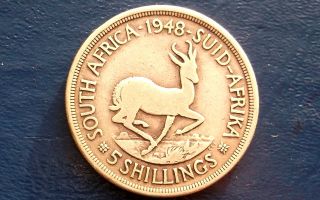 . 800 Silver 1948 South Africa 5 Shillings 1st Year Springbok 38.  8mm Crown 722 photo