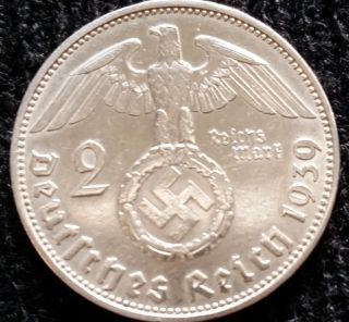 Nazi German 2 Reichsmark Silver 1939 Coin Third Reich Eagle Swastika photo