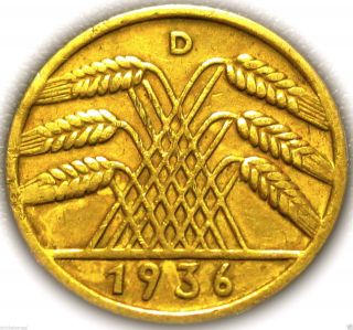 Germany - German 3rd Reich (wheat) - German 1936d 10 Reichspfennig Coin - Rare photo