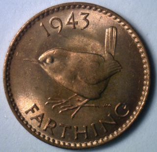 1943 Copper Farthing Great Britain Uk Coin Unc photo