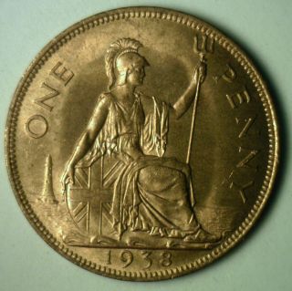 1938 Bronze One Pence Uk One Penny Britain Coin Unc photo