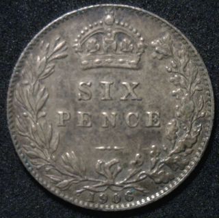 1906 Uk Silver 6 Pence Sixpence Great Britain Tanner Coin Xf photo