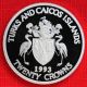 Turks & Caicos J 1993 20 Crowns Accession 40th,  1 Tr Oz Silver Proof,  Top Grade South America photo 1