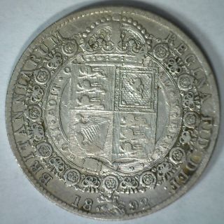 1892 Silver Half Crown Great Britain Victoria English Uk Coin Yg photo