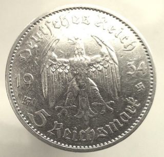 Xxrare Wwii German Third Reich Silver 5 Mark 1934 - A Vf Nazi Coin Km 83x photo