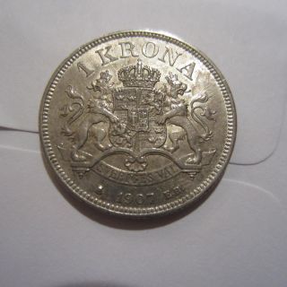 Sweden Krona Silver 1907,  Oscar Coin.  Choice Xf Coin photo