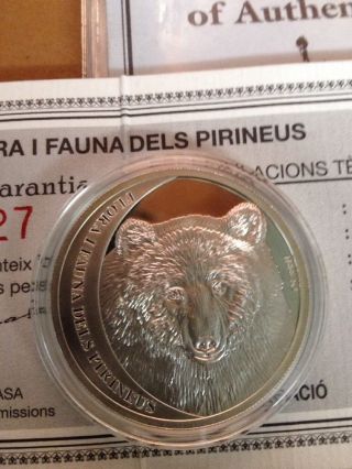 2010 Andorra 5 Diner 1/2 Oz.  999 Silver Proof Coin Brown Bear 1/ 3000 0727 photo