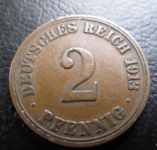 2 Pfennig 1913 A.  Very Fine German Empire Coin Km 16.  No 383 photo