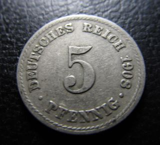 5 Pfennig 1908 A.  Very Fine German Empire Coin Km 11.  No 395 photo