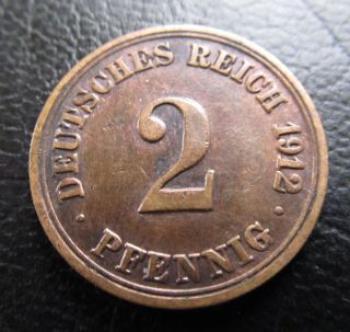2 Pfennig 1912 A.  Very Fine German Empire Coin Km 16.  No 381 photo
