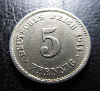 5 Pfennig 1911 E.  Very Fine German Empire Coin Km 11.  No 400 photo