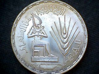 Egypt Ah1396 - 1976 Pound,  F.  A.  O. ,  Osiris Seated,  Wheat Ear,  Silver Unc photo