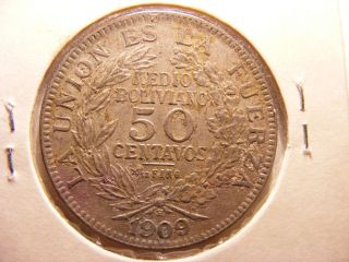 Bolivia Silver 50 Centavos,  1/2 Boliviano,  1909 - H,  Xf photo