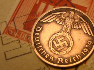 German World War 2 Era Nazi Coin.  1 Pfennig Third Reich.  Large Swastika.  Wwii photo