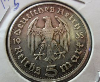 Collectible 1935 D Wwii German Hindenburg - Eagle Reichsmark 5 Mark Silver Coin photo