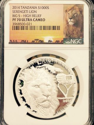 1 Oz Silver Ngc Pr70uc 1000 Shilling Tanzania Serengeti Big 5 Proof Series Lion photo
