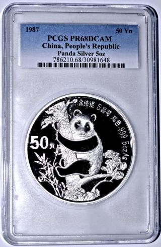 1987 China 50 Yuan Proof 5 Oz.  Silver Panda Pcgs Conservation Pr68dcam photo