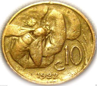 Honeybee Coin - Italy - Italian 1922r 10 Centesimi Coin - Great Coin - Rare photo