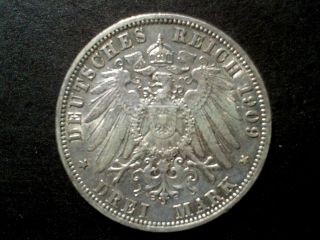 1909 German States Prussia (empire) 3 Mark Km.  527a Silver Coin Very photo