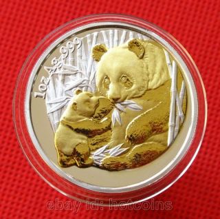 Rare 2005 Chinese Panda 24k Gold Gilded Edition Silver Coin photo