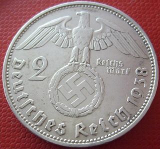 Xxxx Rare 1938 F 2 Mark Silver German Coin Ww2 Big Wreath Bullion (pri38) 5 photo