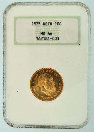 1875 Netherlands,  Willem Iii,  10 Gulden – Gold Coin – Ngc Ms - 66 - - photo