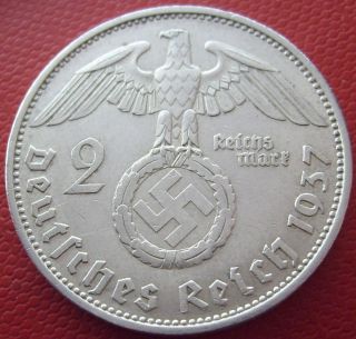 Antique Silver 1937 A Berlin 2 Mark Ww2 Nazi Eagle Bullion Very Old Coin (pri02) photo